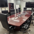14' Mahogany Boardroom Table, Glass Top & 3 Power-Data Grommets